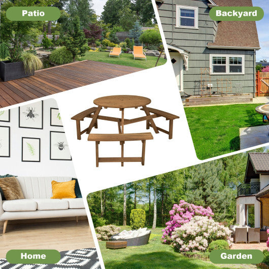 6-person Round Wooden Picnic Table with Umbrella Hole and 3 Built-in Benches-Dark Brown