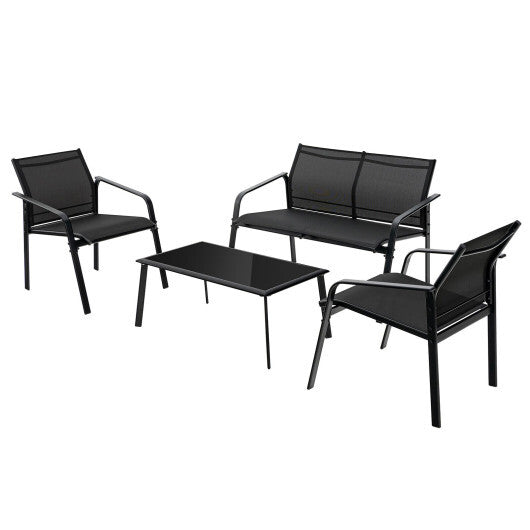 4 Pieces Patio Furniture Set with Armrest Loveseat Sofas and Glass Table Deck-Gray W2B