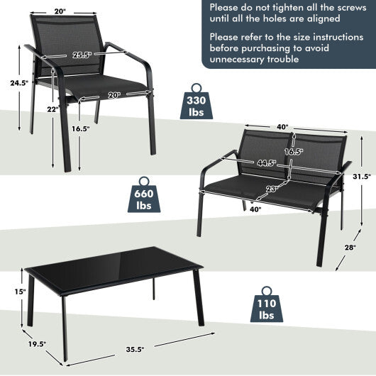 4 Pieces Patio Furniture Set with Armrest Loveseat Sofas and Glass Table Deck-Gray W2B