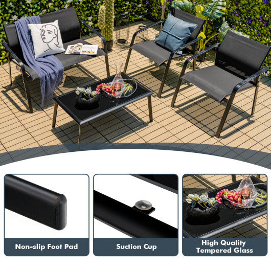 4 Pieces Patio Furniture Set with Armrest Loveseat Sofas and Glass Table Deck-Gray W2B