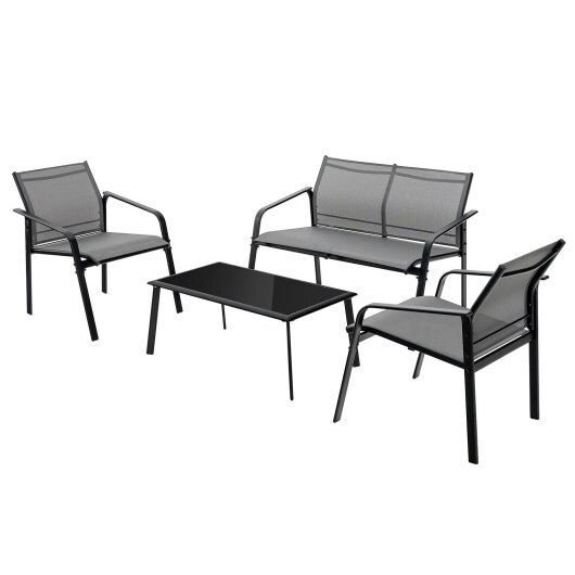 4 Pieces Patio Furniture Set with Armrest Loveseat Sofas and Glass Table Deck-Gray W2B