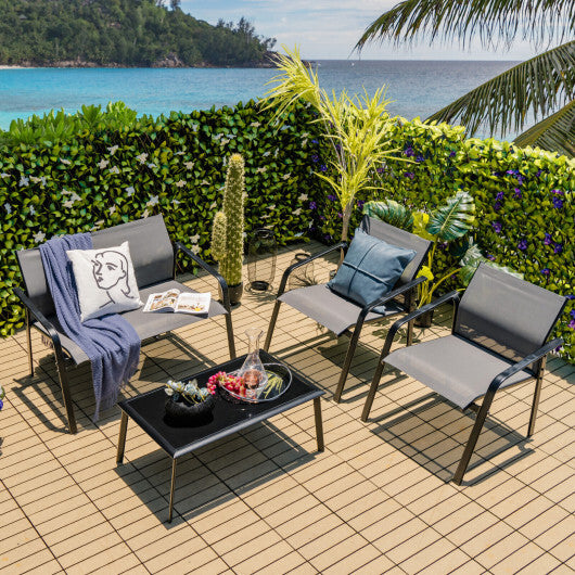 4 Pieces Patio Furniture Set with Armrest Loveseat Sofas and Glass Table Deck-Gray W2B