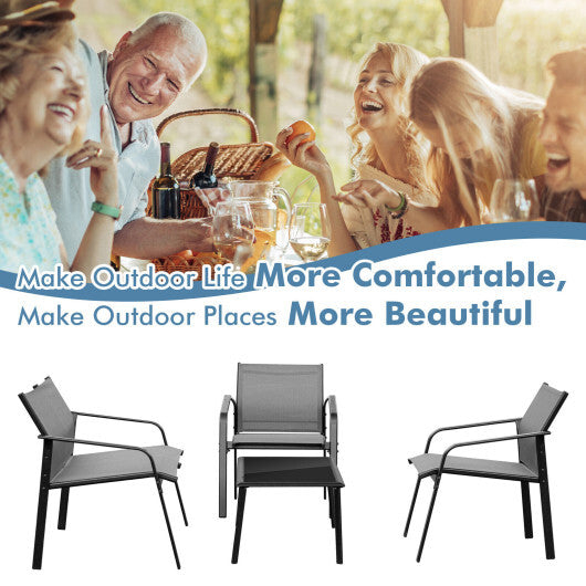 4 Pieces Patio Furniture Set with Armrest Loveseat Sofas and Glass Table Deck-Gray W2B