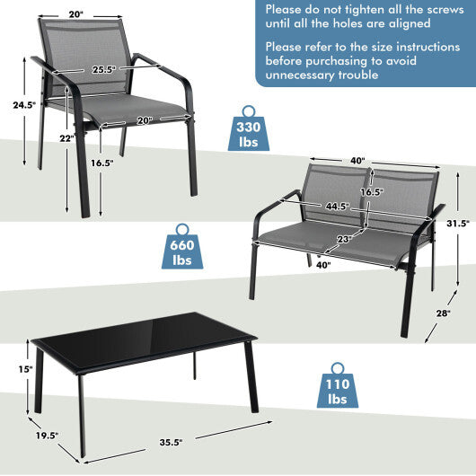 4 Pieces Patio Furniture Set with Armrest Loveseat Sofas and Glass Table Deck-Gray W2B