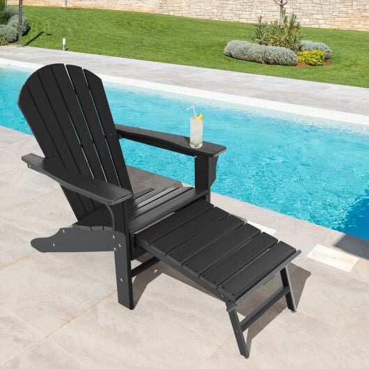 Patio HDPE Adirondack Chair with Retractable Ottoman-Brown
