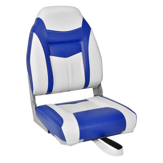 High Back Folding Boat Seat with Blue White Sponge Cushion and Flexible Hinges-Blue W2B