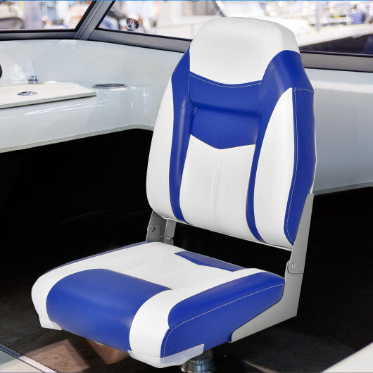 High Back Folding Boat Seat with Blue White Sponge Cushion and Flexible Hinges-Blue W2B