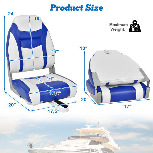 High Back Folding Boat Seat with Blue White Sponge Cushion and Flexible Hinges-Blue W2B