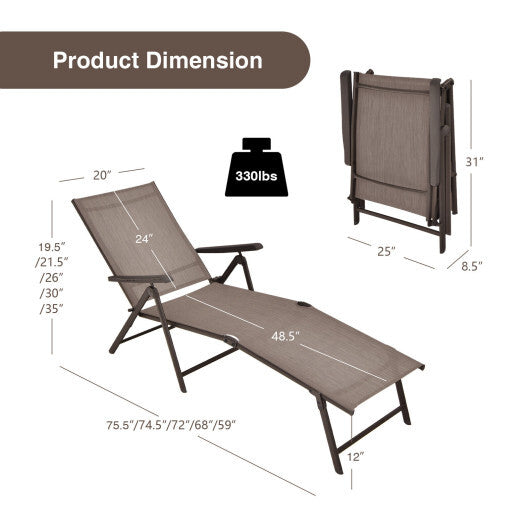 Patio Foldable Chaise Lounge Chair with Backrest and Footrest-Brown - Color: Brown W2B