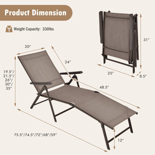 Patio Foldable Chaise Lounge Chair with Backrest and Footrest-Brown W2B