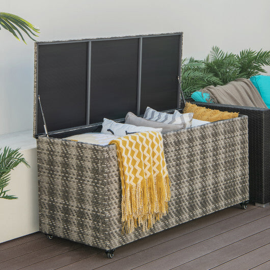 96 Gallon PE Wicker Outdoor Storage Box with 4 Wheels-Brown