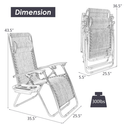 Outdoor Folding Zero Gravity Reclining Lounge Chair with Utility Tray-Black W2B