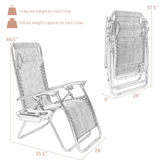 2 Pieces Folding Recliner Zero Gravity Lounge Chair - Beige W2B