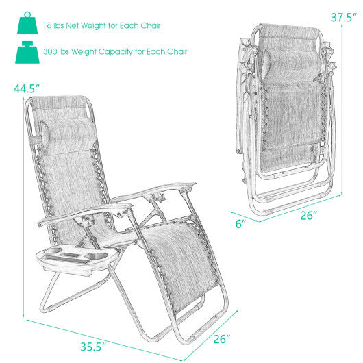 2 Pieces Folding Recliner Zero Gravity Lounge Chair - Beige W2B