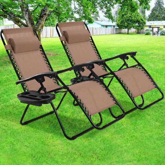 2 Pieces Folding Lounge Chair with Zero Gravity-Brown - Color: Brown W2B