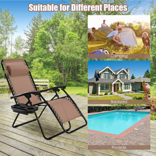2 Pieces Folding Lounge Chair with Zero Gravity-Brown - Color: Brown W2B