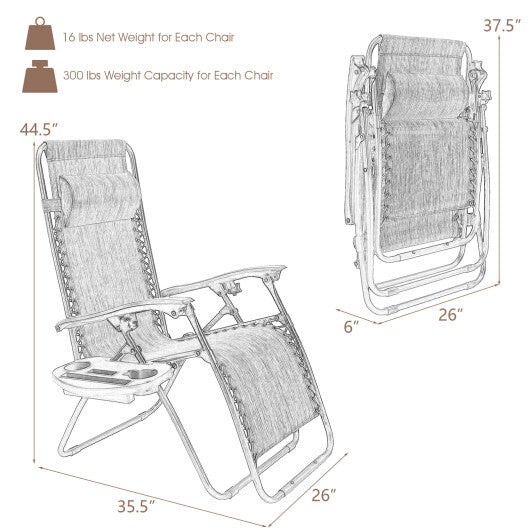 2 Pieces Folding Lounge Chair with Zero Gravity-Brown - Color: Brown W2B