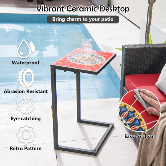 C-shaped Waterproof Outdoor Side End Table with Ceramic Top W2B