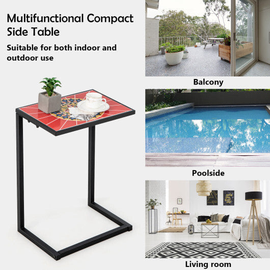 C-shaped Waterproof Outdoor Side End Table with Ceramic Top W2B