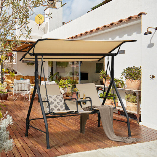 2-Seat Outdoor Cushioned Porch Swing with Adjustable Canopy and Tempered Glass Table-Beige W2B