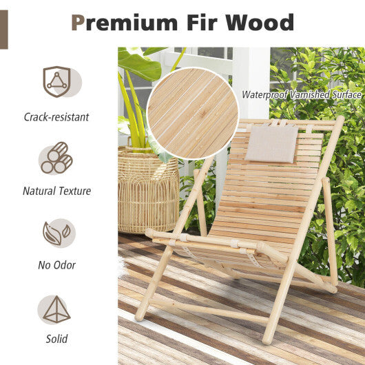 Solid Fir Wood Lounge Chair with 3-Level Adjustable Backrest and Soft Padded Headrest-Natural