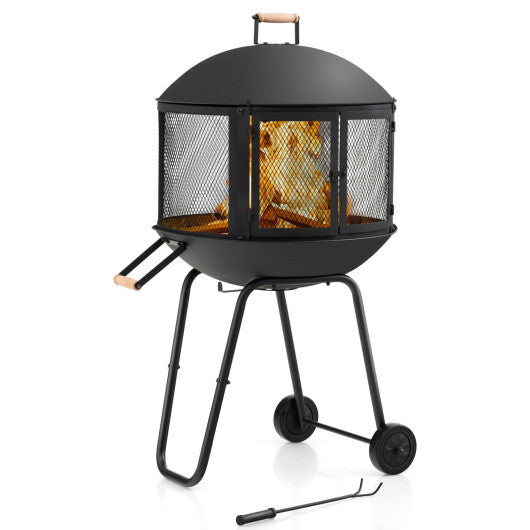 28 Inch Portable Fire Pit on Wheels with Log Grate-Black W2B