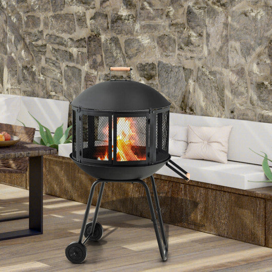 28 Inch Portable Fire Pit on Wheels with Log Grate-Black W2B