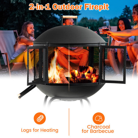 28 Inch Portable Fire Pit on Wheels with Log Grate-Black W2B