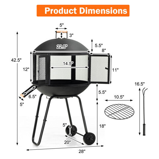 28 Inch Portable Fire Pit on Wheels with Log Grate-Black W2B