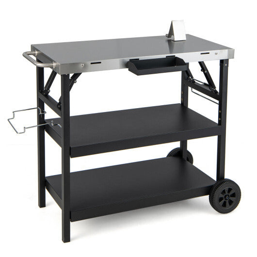 3 Tiers Foldable Outdoor Cart on 2 Wheels with Phone Holder-Black W2B