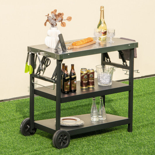 3 Tiers Foldable Outdoor Cart on 2 Wheels with Phone Holder-Black W2B