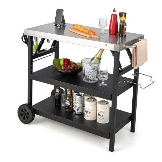 3 Tiers Foldable Outdoor Cart on 2 Wheels with Phone Holder-Black W2B