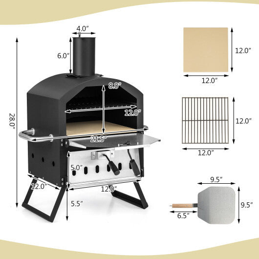 Outdoor Pizza Oven with Anti-scalding Handles and Foldable Legs-Black W2B