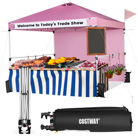 10 x 10 Feet Foldable Commercial Pop-up Canopy with Roller Bag and Banner Strip-Pink W2B