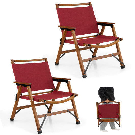 Set of 2 Patio Folding Camping Beach Chair with Solid Bamboo Frame-Red