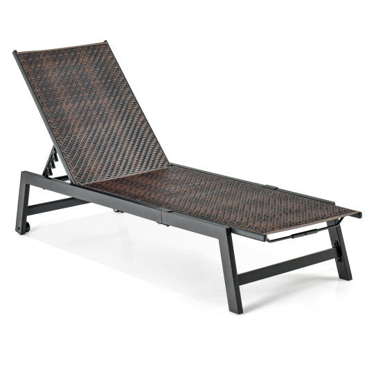 Patio PE Rattan Chaise Lounge with 5-Level Backrest and Wheels-Brown W2B