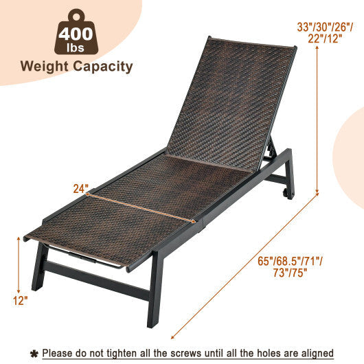 Patio PE Rattan Chaise Lounge with 5-Level Backrest and Wheels-Brown W2B