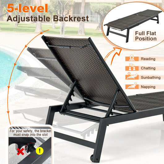 Patio PE Rattan Chaise Lounge with 5-Level Backrest and Wheels-Brown W2B