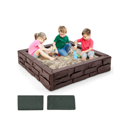 2-In-1 HDPE Kids Sandbox with Cover and Bottom Liner-Brown W2B