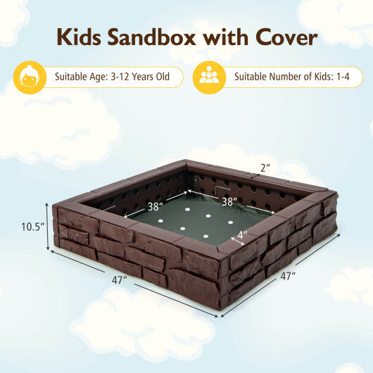 2-In-1 HDPE Kids Sandbox with Cover and Bottom Liner-Brown W2B