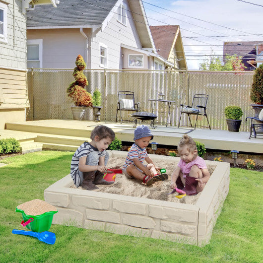 2-In-1 HDPE Kids Sandbox with Cover and Bottom Liner-Brown W2B