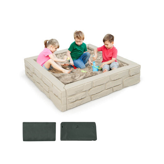 2-In-1 HDPE Kids Sandbox with Cover and Bottom Liner-Brown W2B