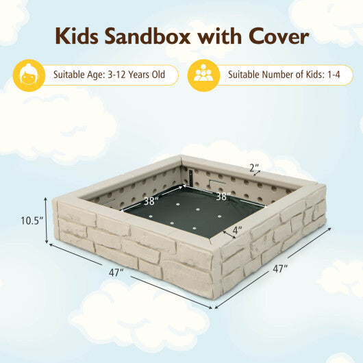 2-In-1 HDPE Kids Sandbox with Cover and Bottom Liner-Brown W2B