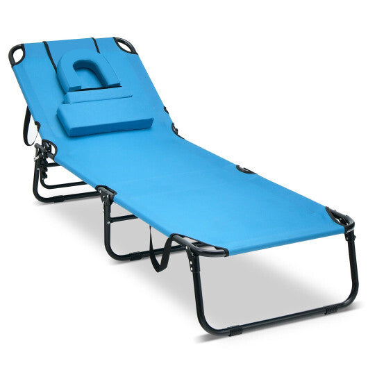 Beach Chaise Lounge Chair with Face Hole and Removable Pillow-Blue - Color: Blue W2B