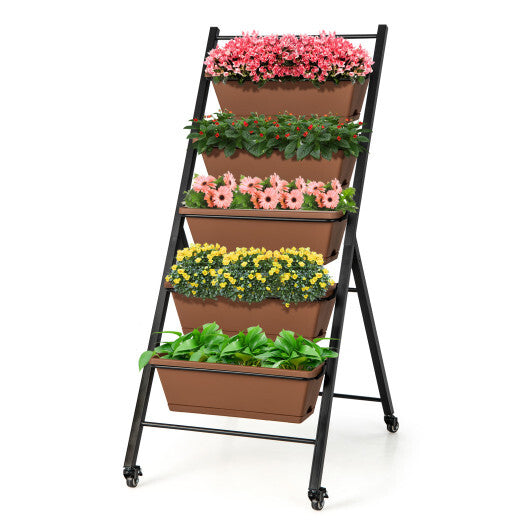 5-Tier Vertical Raised Garden Bed with Wheels and Container Boxes-Brown W2B
