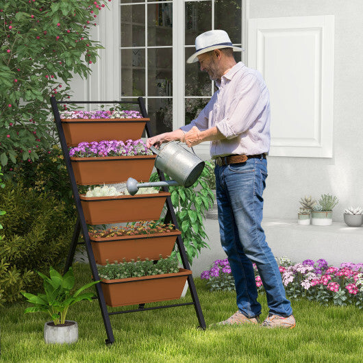 5-Tier Vertical Raised Garden Bed with Wheels and Container Boxes-Brown W2B