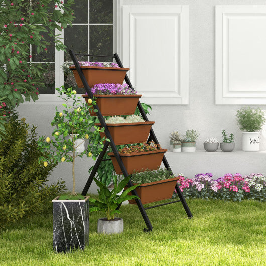 5-Tier Vertical Raised Garden Bed with Wheels and Container Boxes-Brown W2B