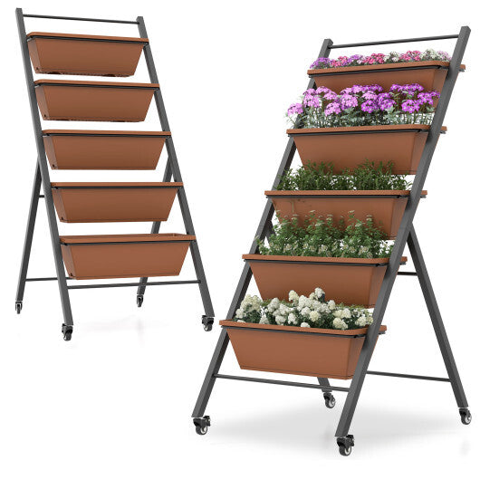 5-Tier Vertical Raised Garden Bed with Wheels and Container Boxes-Brown W2B