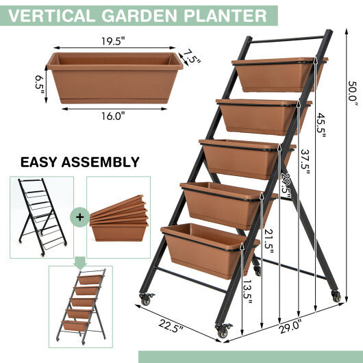 5-Tier Vertical Raised Garden Bed with Wheels and Container Boxes-Brown W2B