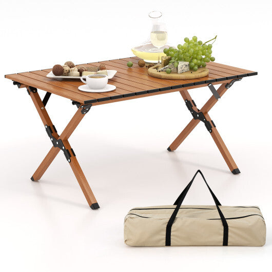 Folding Lightweight Aluminum Camping Table with Wood Grain-L